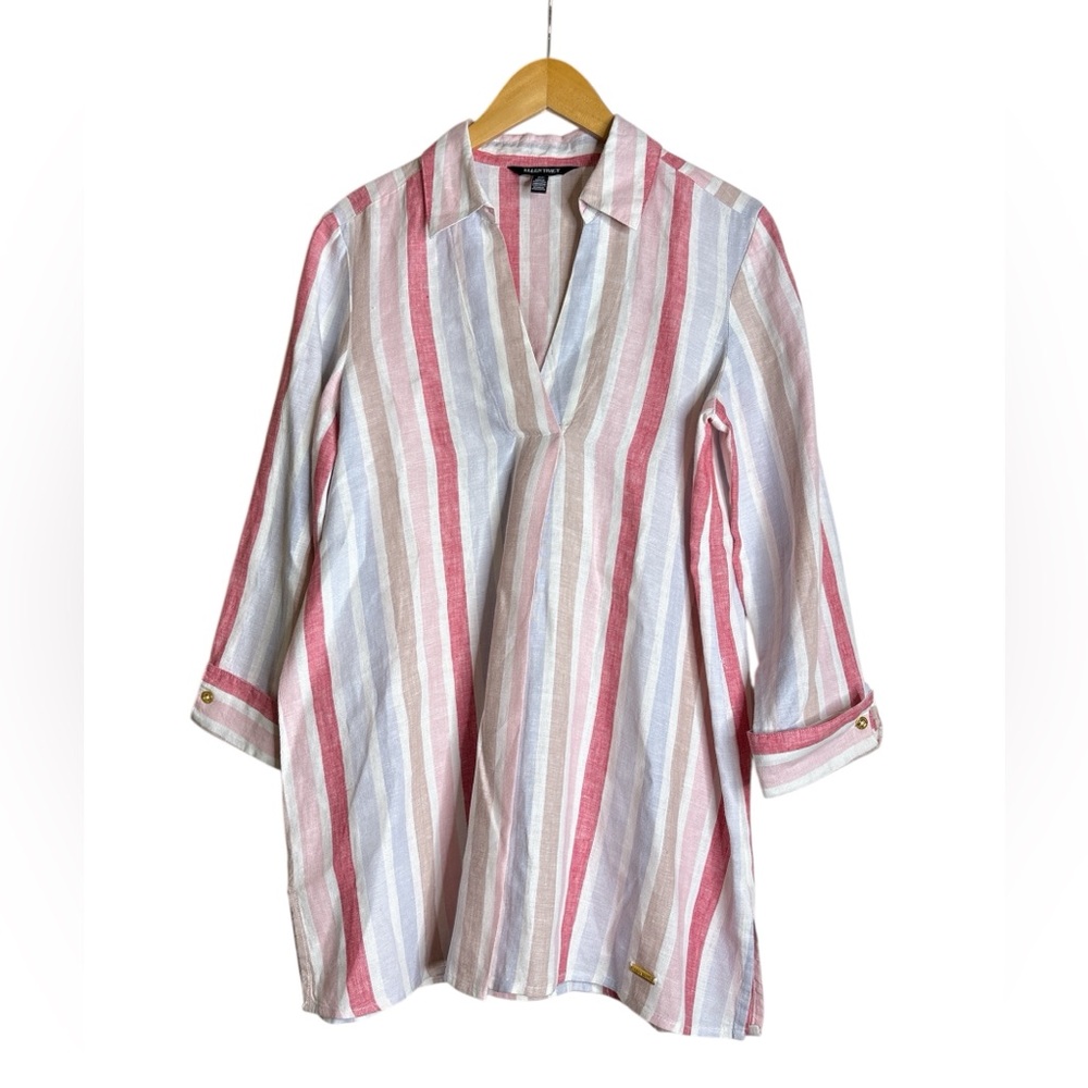 Linen Striped 3/4 Sleeve Top Size M  Ellen Tracy